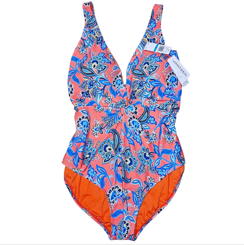 Jantzen Boho Floral Plunging V Neck Gathered Full Coverage 1-PC Swimsuit 16 NWT
